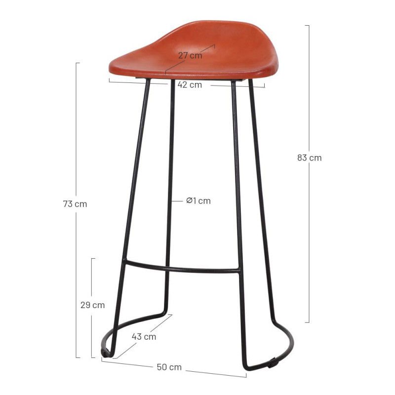 Tabouret de bar cuir véritable cognac métal noir 50x43x83 cm Ravuo  - 5