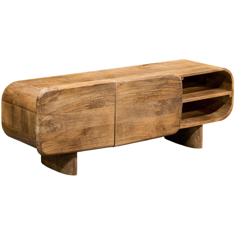 Meuble TV manguier naturel arrondi 2 portes 140x40x50 cm Rivoe  - 1