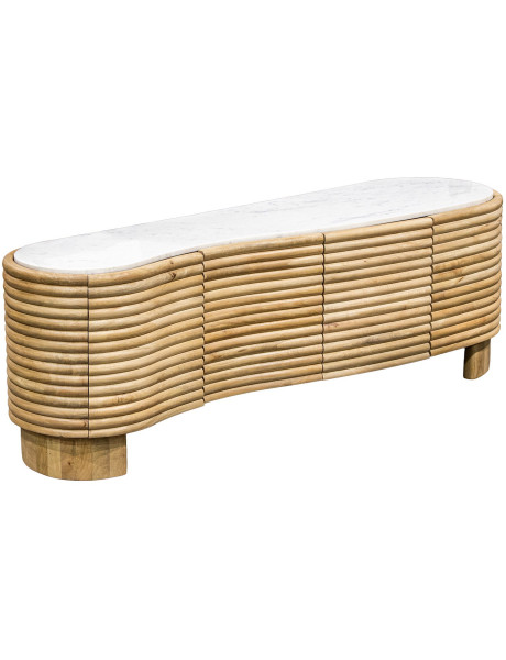 Meuble TV manguier naturel et marbre blanc 4 portes 155 cm Janiu  - 1