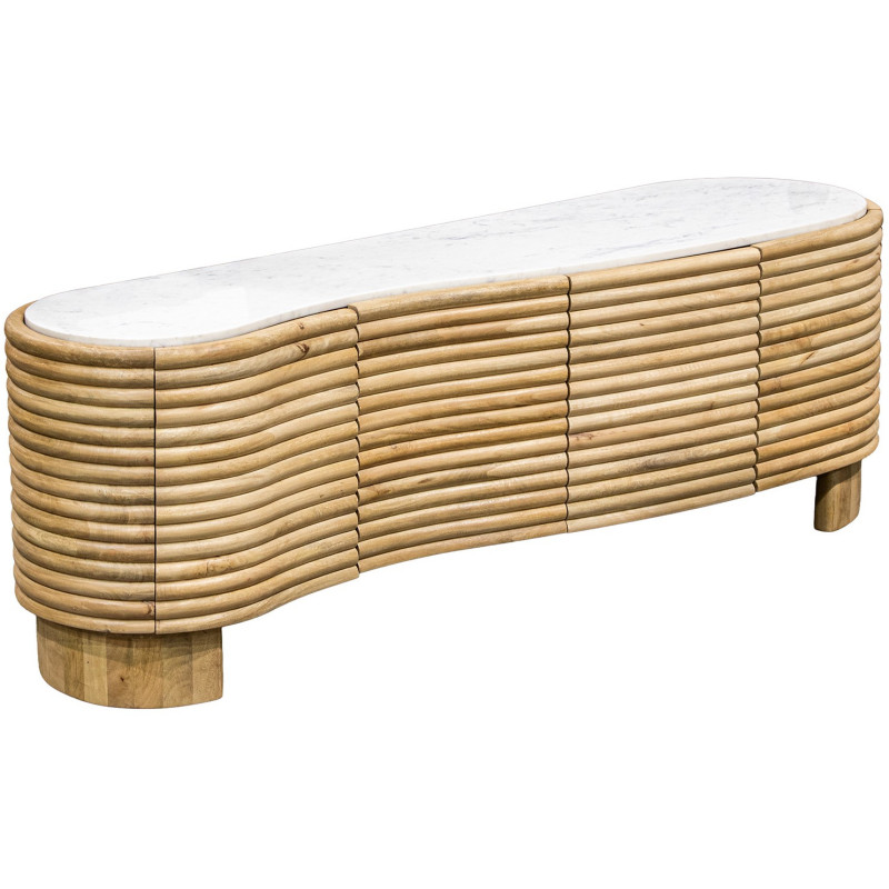 Meuble TV manguier naturel et marbre blanc 4 portes 155 cm Janiu  - 1