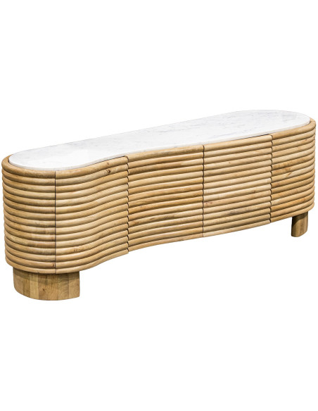 Meuble TV manguier naturel et marbre blanc 4 portes 155 cm Janiu  - 1
