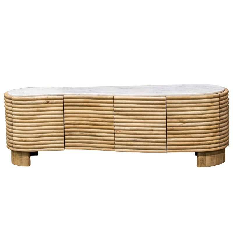 Meuble TV manguier naturel et marbre blanc 4 portes 155 cm Janiu  - 2