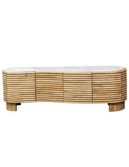 Meuble TV manguier naturel et marbre blanc 4 portes 155 cm Janiu  - 2