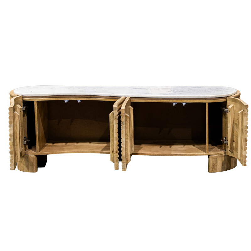 Meuble TV manguier naturel et marbre blanc 4 portes 155 cm Janiu  - 3