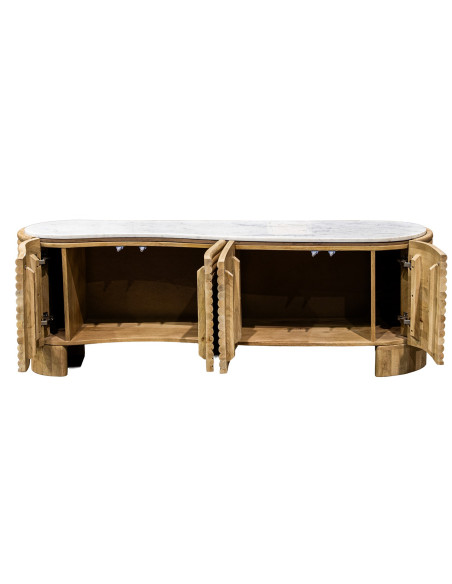 Meuble TV manguier naturel et marbre blanc 4 portes 155 cm Janiu  - 3