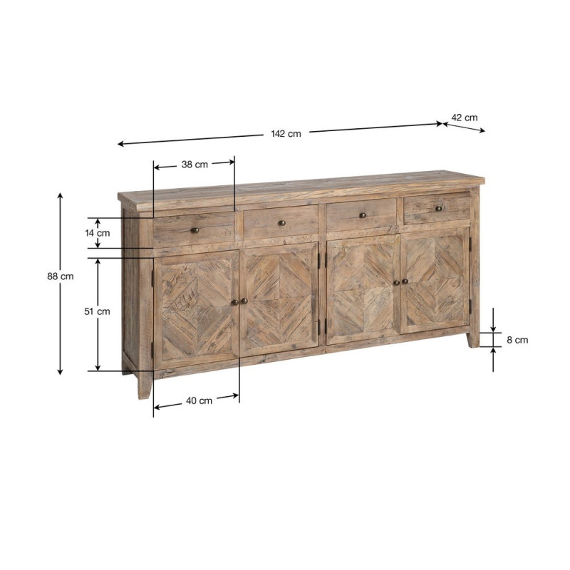 Buffet en pin recyclé naturel 4 portes 4 tiroirs 180x42x88 cm Taben Ixia - 9