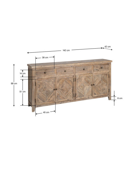Buffet en pin recyclé naturel 4 portes 4 tiroirs 180x42x88 cm Taben Ixia - 9