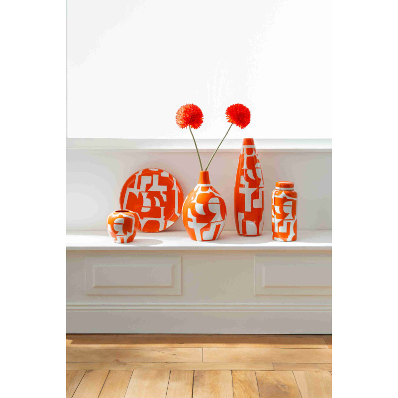 Grand vase géométrique en porcelaine orange écru 16,5x16,5x53 cm Snoik J-Line - 1