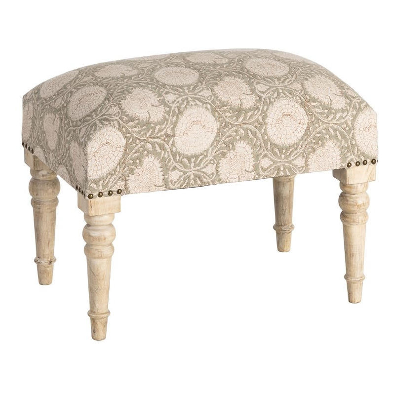 Banc rembourré floral vert sauge à pieds manguier 60x40x40 cm Danes Ixia - 1