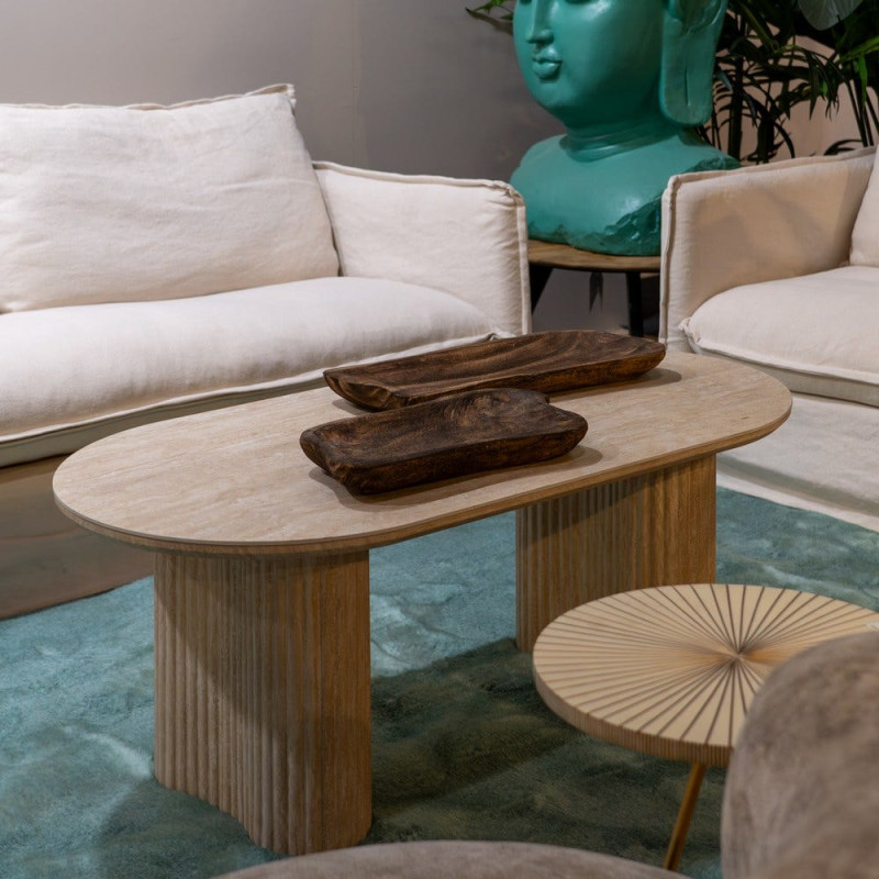Table basse ovale pierre frittée beige effet travertin 120x60x46 cm Zazea Ixia - 2
