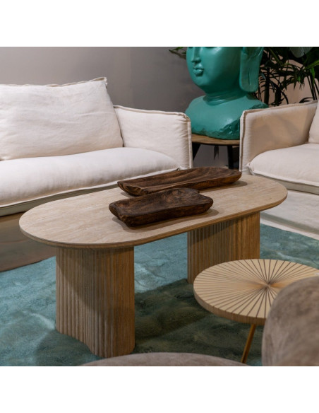 Table basse ovale pierre frittée beige effet travertin 120x60x46 cm Zazea Ixia - 2