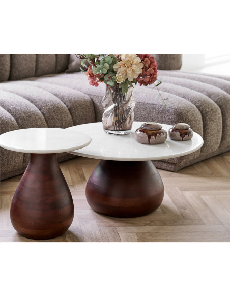 Table basse ronde marbre blanc manguier Ø70x35 cm Heide House Nordic - 6