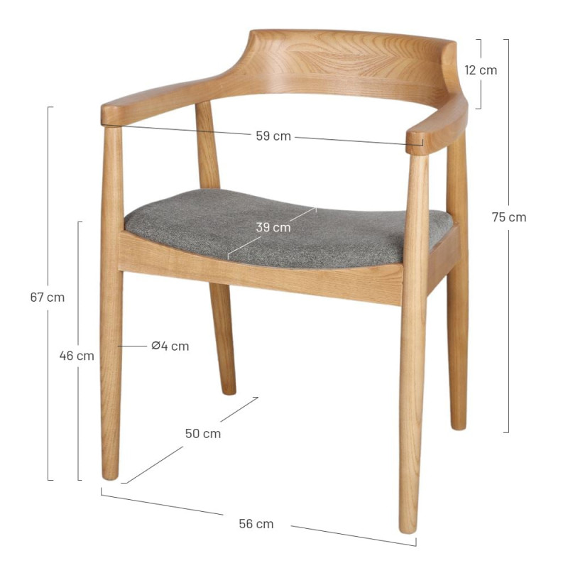 Chaise avec accoudoirs orme massif tissu gris vert 59x54x75 cm Jemua  - 5
