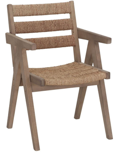 Chaise avec accoudoirs en orme massif et chanvre naturel 54x58x85 cm Govoa  - 1