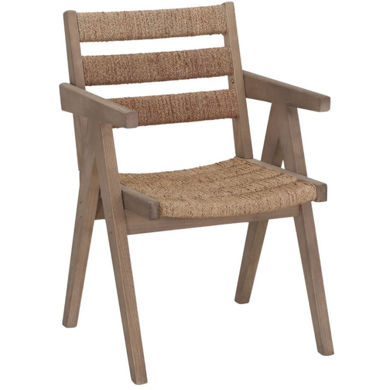Chaise avec accoudoirs en orme massif et chanvre naturel 54x58x85 cm Govoa  - 1