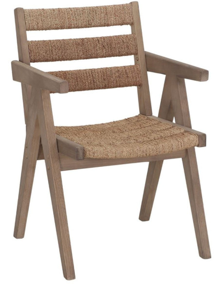 Chaise avec accoudoirs en orme massif et chanvre naturel 54x58x85 cm Govoa  - 1