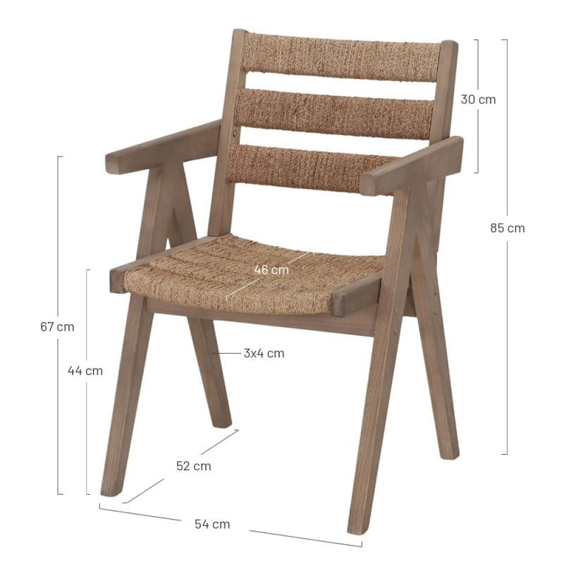 Chaise avec accoudoirs en orme massif et chanvre naturel 54x58x85 cm Govoa  - 6