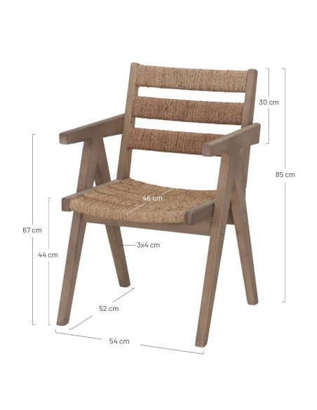Chaise avec accoudoirs en orme massif et chanvre naturel 54x58x85 cm Govoa  - 6