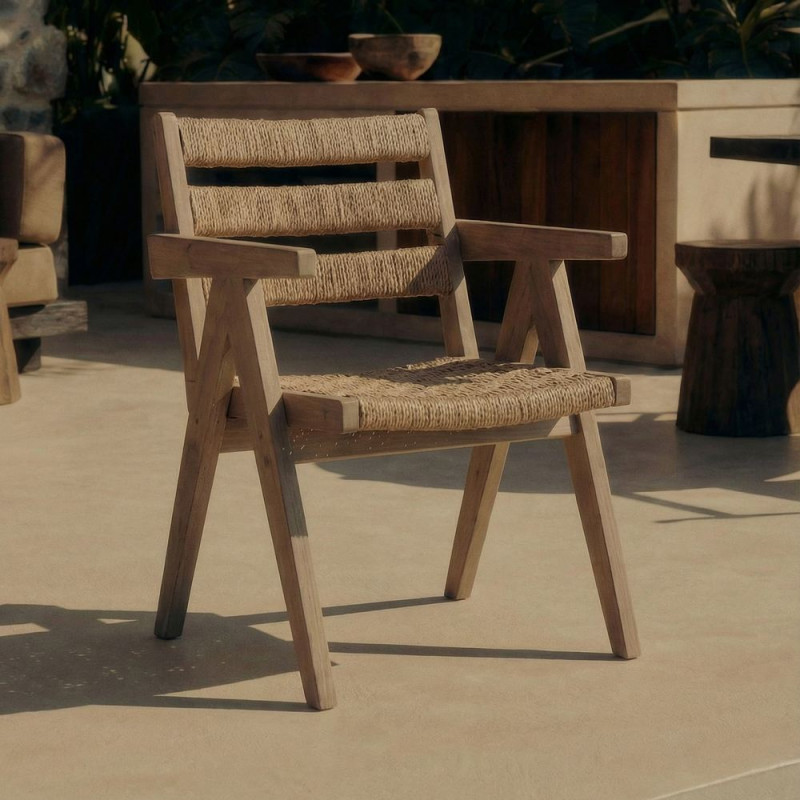 Chaise avec accoudoirs en orme massif et chanvre naturel 54x58x85 cm Govoa  - 2