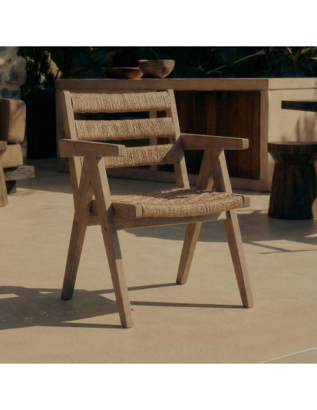 Chaise avec accoudoirs en orme massif et chanvre naturel 54x58x85 cm Govoa  - 2