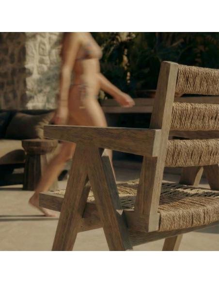 Chaise avec accoudoirs en orme massif et chanvre naturel 54x58x85 cm Govoa  - 8