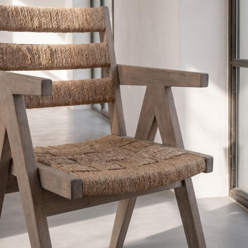 Chaise avec accoudoirs en orme massif et chanvre naturel 54x58x85 cm Govoa  - 9