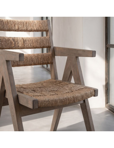 Chaise avec accoudoirs en orme massif et chanvre naturel 54x58x85 cm Govoa  - 9