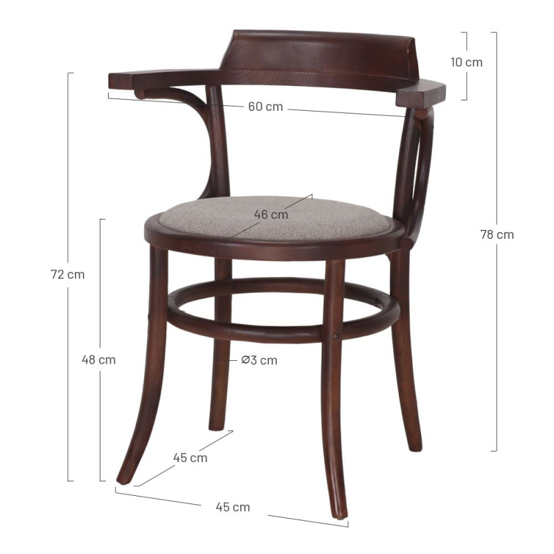 Fauteuil bistrot orme massif tissu taupe 60x52x78 cm Finua  - 6