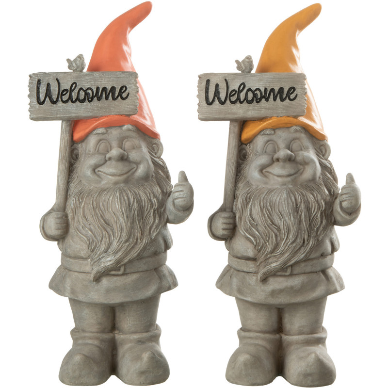 Nain de jardin rigolo Welcome 35 cm en Résine Gris Orange Gino (Lot de 2) - 1