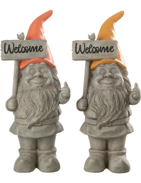 Nain de jardin rigolo Welcome 35 cm en Résine Gris Orange Gino (Lot de 2) - 1