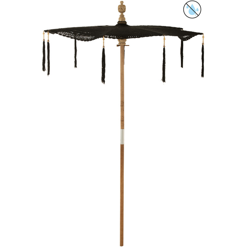 Parasol Rond 140 cm en Coton Noir Bois Naturel avec pompons Vahan - 1