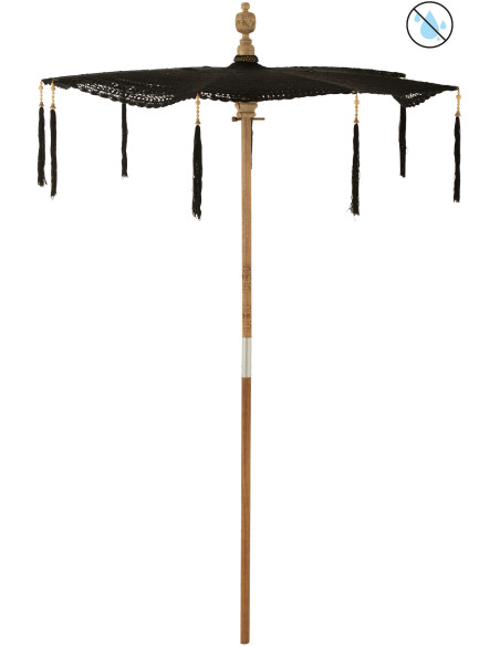 Parasol Rond 140 cm en Coton Noir Bois Naturel avec pompons Vahan - 1