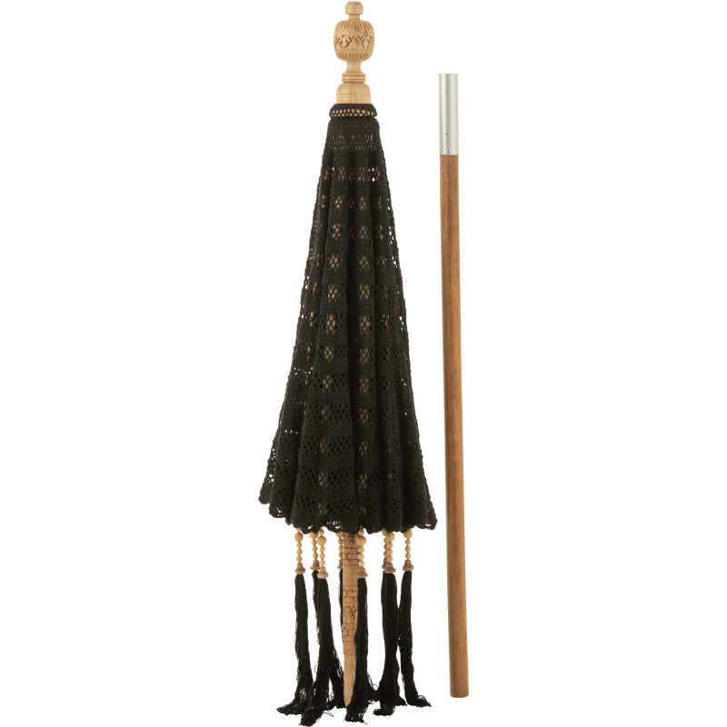Parasol Rond 140 cm en Coton Noir Bois Naturel avec pompons Vahan - 2