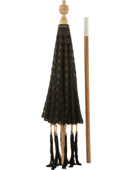 Parasol Rond 140 cm en Coton Noir Bois Naturel avec pompons Vahan - 2