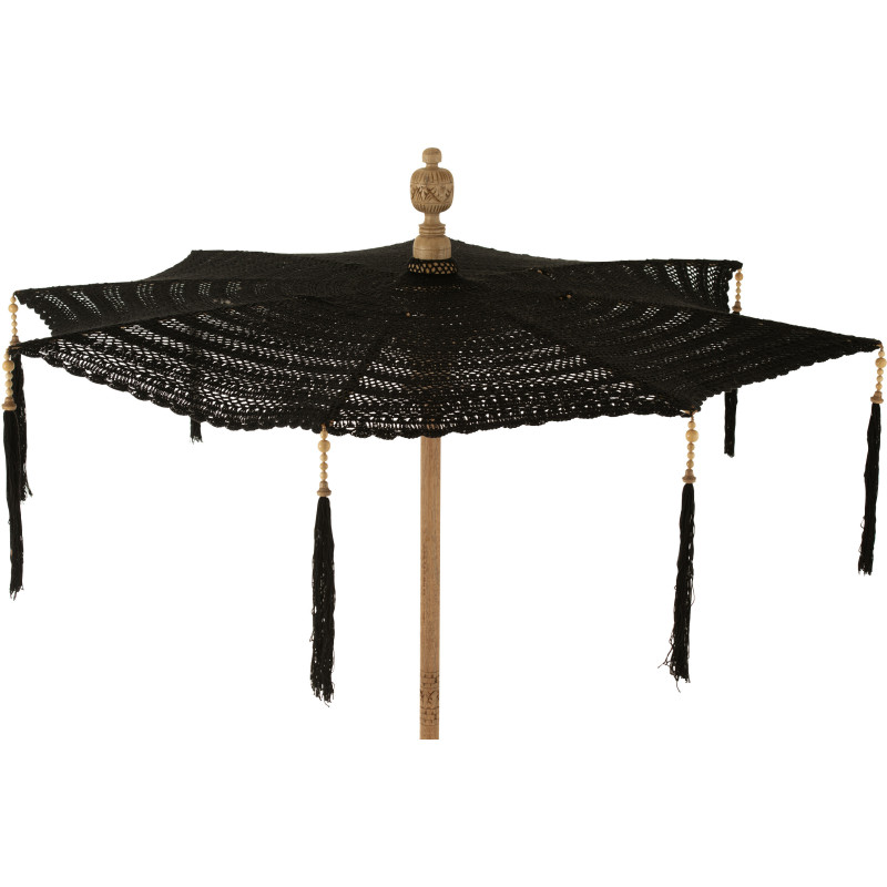 Parasol Rond 140 cm en Coton Noir Bois Naturel avec pompons Vahan - 3