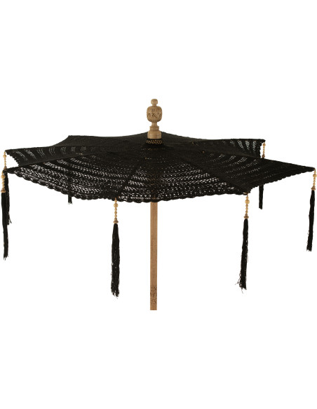Parasol Rond 140 cm en Coton Noir Bois Naturel avec pompons Vahan - 3