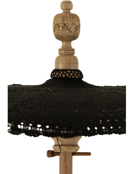 Parasol Rond 140 cm en Coton Noir Bois Naturel avec pompons Vahan - 4
