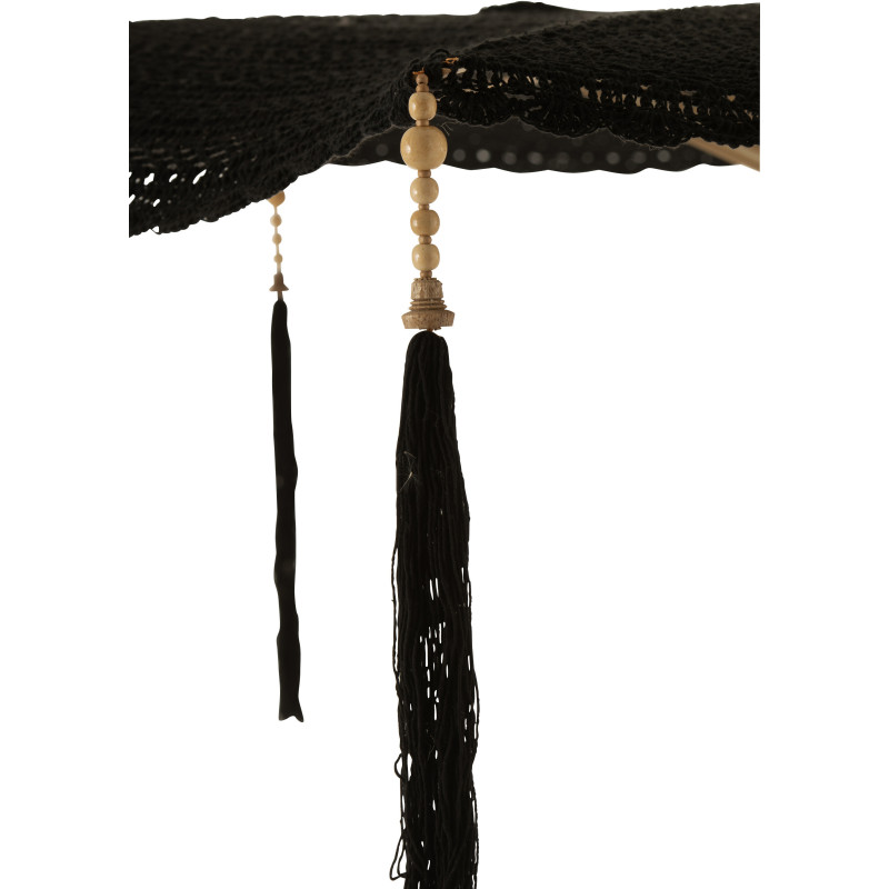 Parasol Rond 140 cm en Coton Noir Bois Naturel avec pompons Vahan - 5