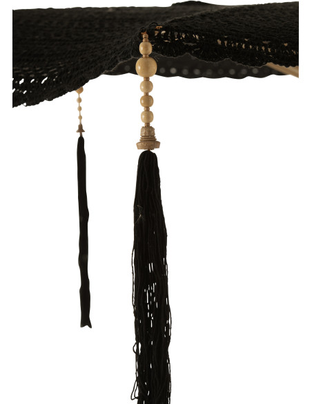 Parasol Rond 140 cm en Coton Noir Bois Naturel avec pompons Vahan - 5