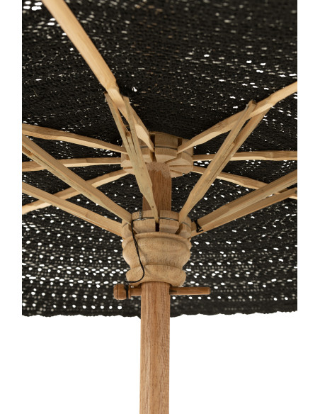 Parasol Rond 140 cm en Coton Noir Bois Naturel avec pompons Vahan - 6