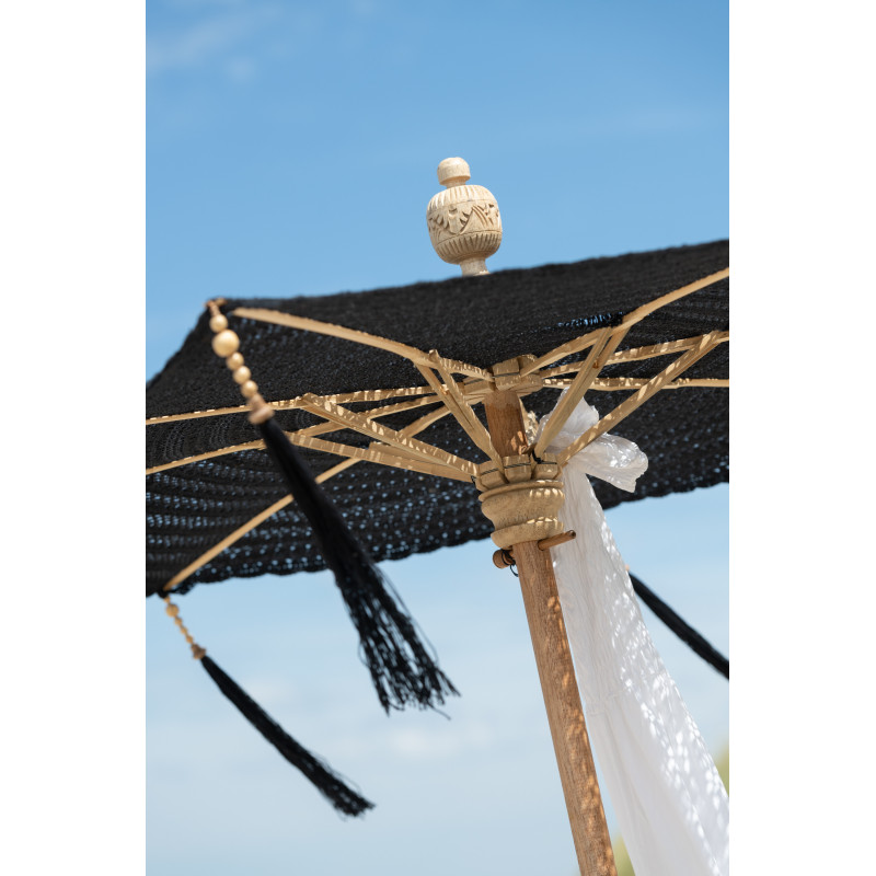 Parasol Rond 140 cm en Coton Noir Bois Naturel avec pompons Vahan - 8