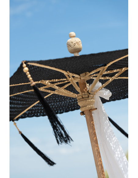 Parasol Rond 140 cm en Coton Noir Bois Naturel avec pompons Vahan - 8