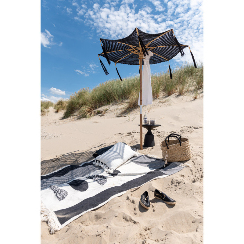 Parasol Rond 140 cm en Coton Noir Bois Naturel avec pompons Vahan - 9