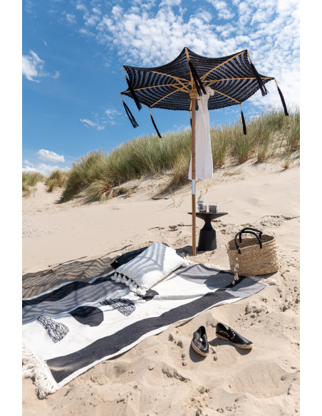 Parasol Rond 140 cm en Coton Noir Bois Naturel avec pompons Vahan - 9
