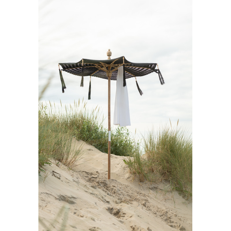 Parasol Rond 140 cm en Coton Noir Bois Naturel avec pompons Vahan - 10