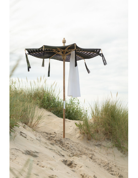 Parasol Rond 140 cm en Coton Noir Bois Naturel avec pompons Vahan - 10