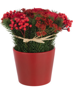 Plante artificielle Roses & Baies Hauteur 25 cm en Plastique Rouge Vert Avec pot - 1