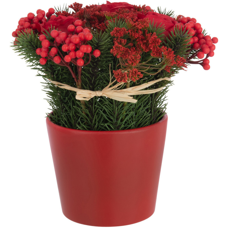 Plante artificielle Roses & Baies Hauteur 25 cm en Plastique Rouge Vert Avec pot - 1