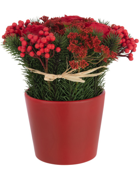 Plante artificielle Roses & Baies Hauteur 25 cm en Plastique Rouge Vert Avec pot - 1