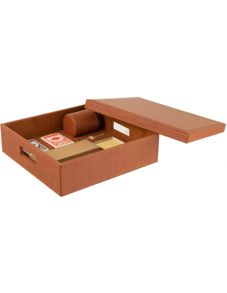 Coffret jeu d'échecs et cartes en simili cognac 35 cm - 2